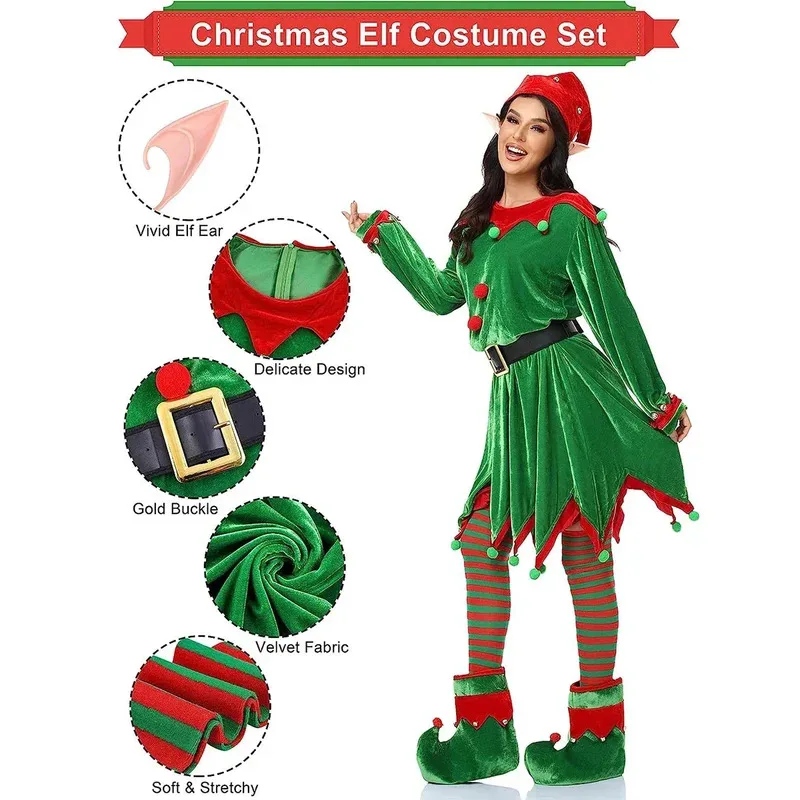 Kostum Santa Klaus Natal Gaun Cosplay Elf Hijau Wanita Topi Sabuk Anak-anak Dewasa Setelan Telinga Elf Pakaian Pesta Natal Tahun Baru