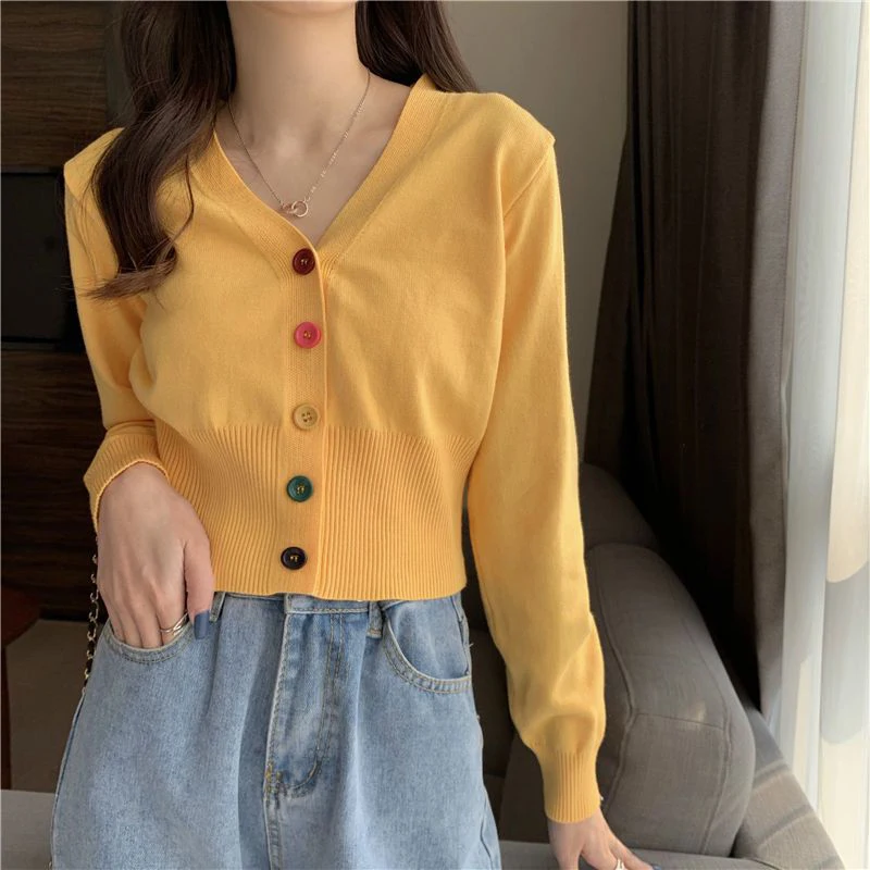 Chic Rainbow Buttons Cardigan Women Casual Long Sleeve V Neck Sweet Knitted Sweaters Korean Fashion Loose Soft Short Cardigan