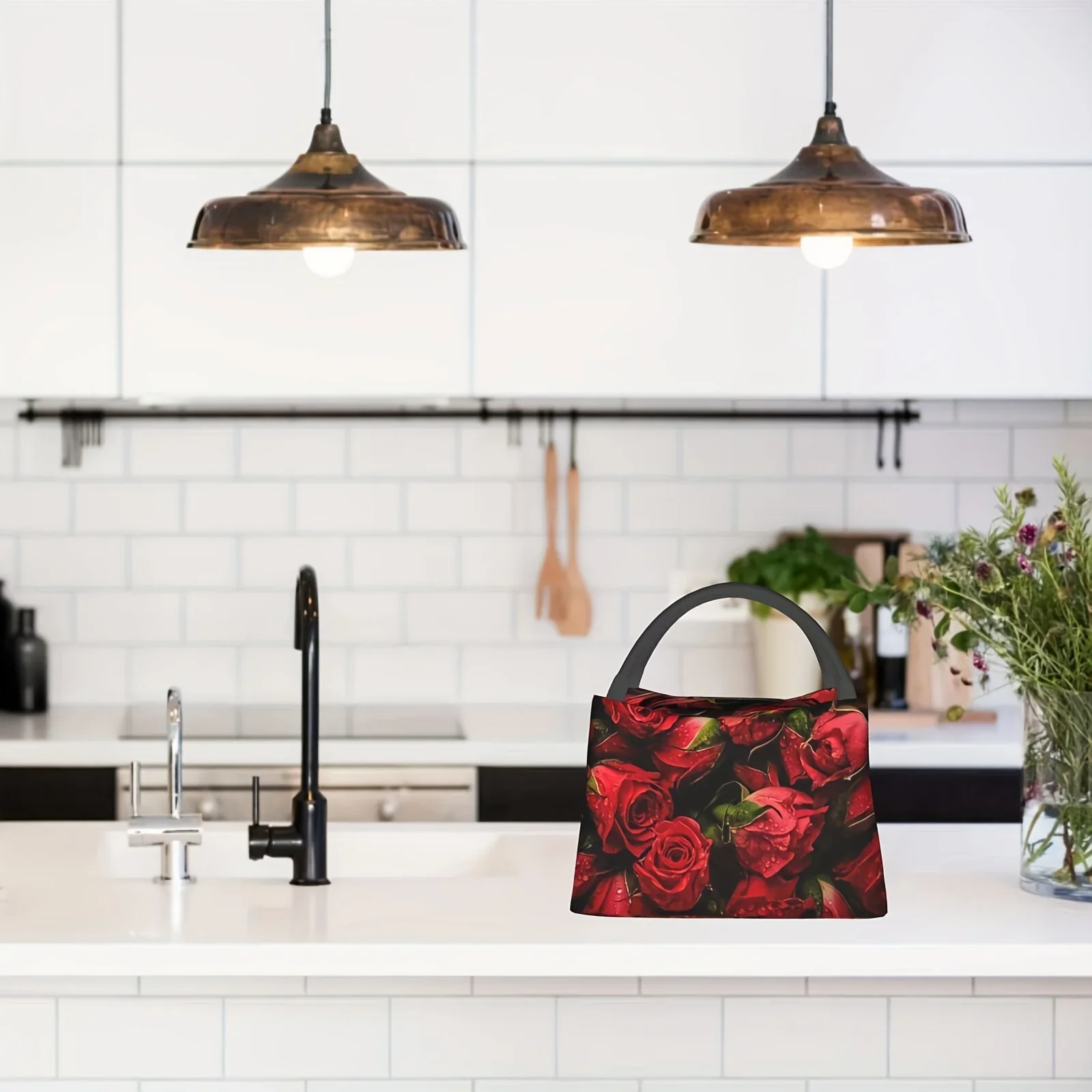 Red Rose Print Tote Bag Insulated Lunch Cooler Bag Reusable Portable for Office Travel Work