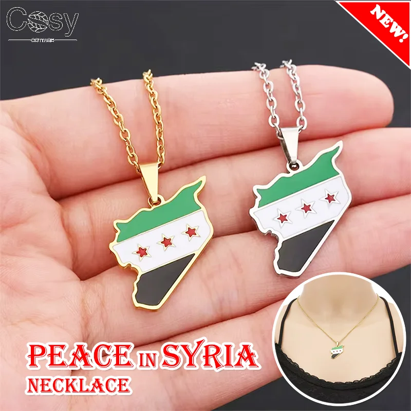 Peace in Syria Necklace, Stainless Steel Map Flag Pendant for Women and Men Gold Silver Color Charm Choker Syrians Jewelry Gift