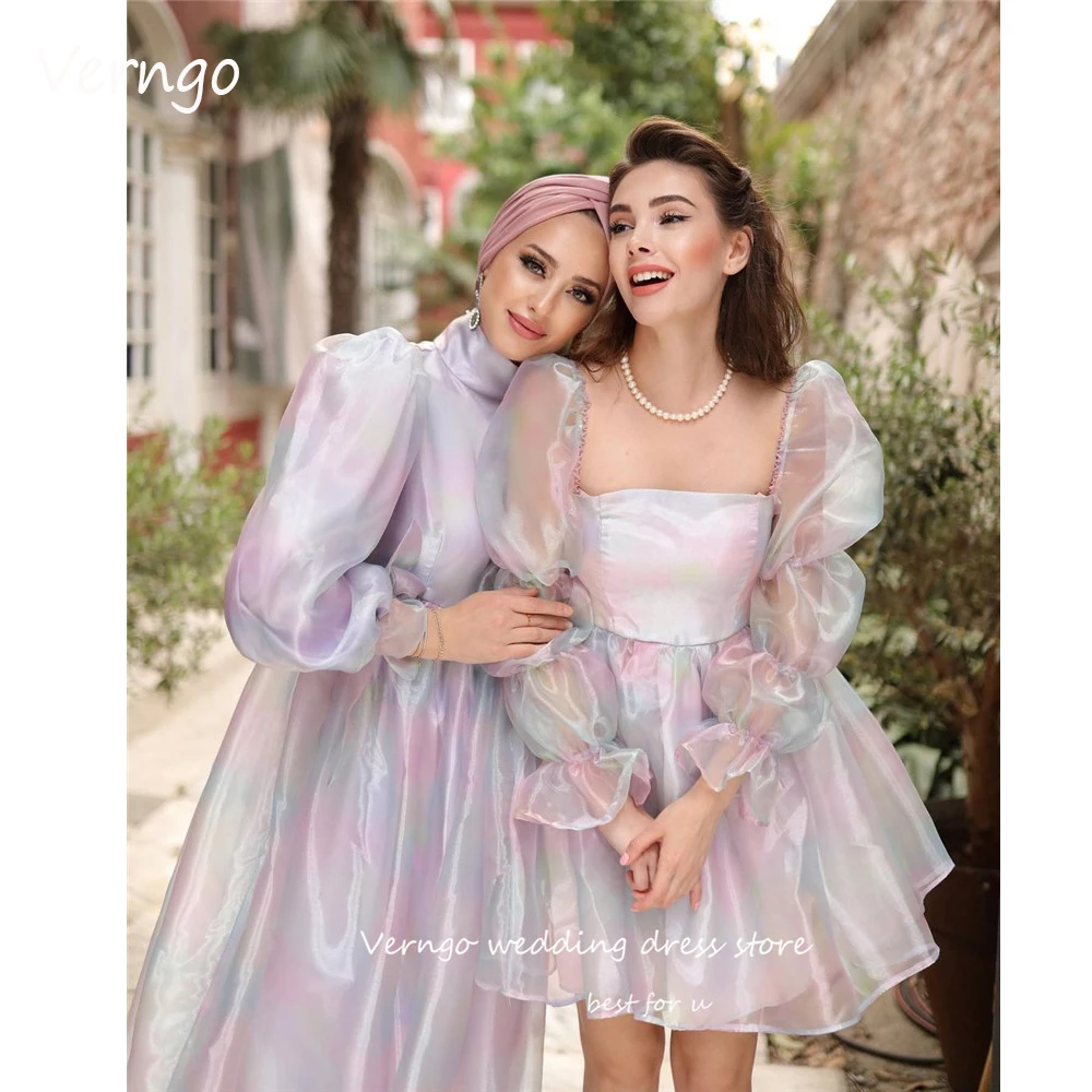 

Verngo 2023 New Princess Organza Short Prom Party Dresses Puff Long Sleeves Square Neck Mini Skirt Daily Birthday Gowns