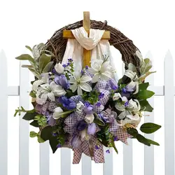 Easter Wreath Cross Artificial Flowers Scarf Wreath For the Front Door Easter Decoration 2024 Indoor Outdoor Ornaments