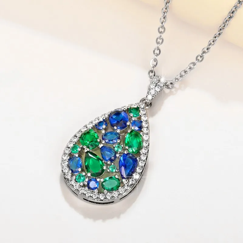 Huitan Luxury Geometric Green/Blue Cubic Zirconia Necklace for Women Silver Color Chain New Fashion Women Wedding Trend Jewelry