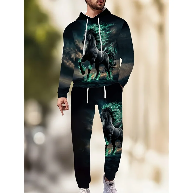 Men'S Fashion Street New Prancing Horse 3D Print Design Casual Entertainment, Outdoor Hiking Casual Sports Hoodie Set