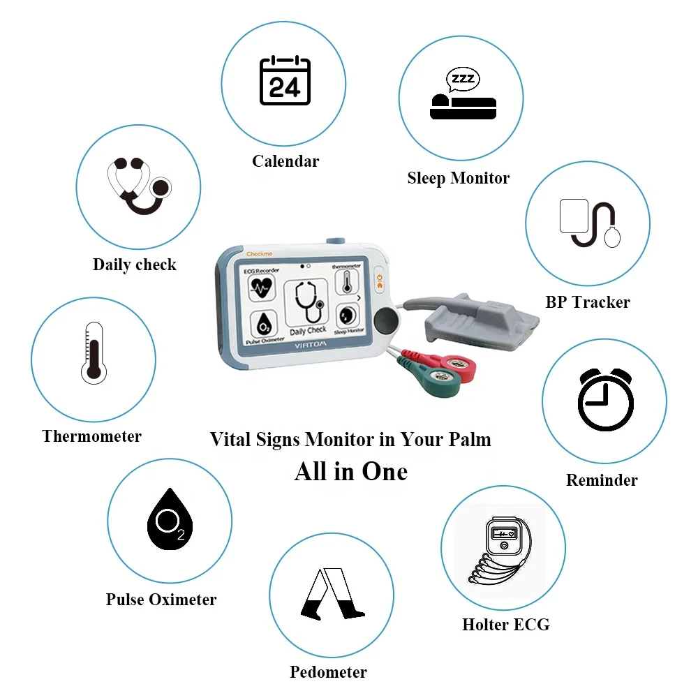 Home Handheld ECG Holter Monitor with Oxygen Saturation SPO2 PR Cuffless Blood Pressure HD Touch Screen Heart Health EKG Tracker