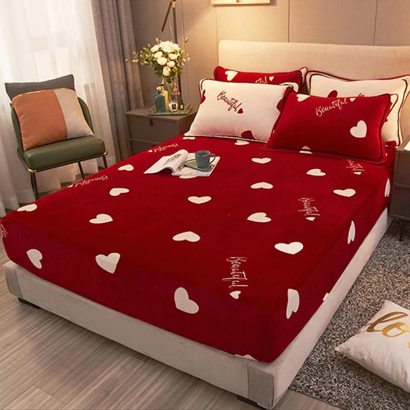 1pcs 150x200cm (59x79inch) Single Fitted Sheet Winter Velvet Red Print Bedsheet (5-25cm Height Matress Use ,without Pillowcase)