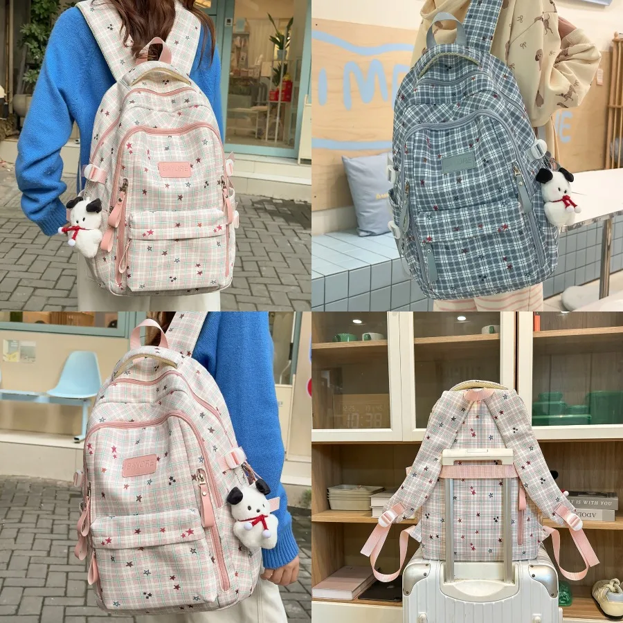 

【New style】Junior high school students high school students female star checked schoolbag large capacity commuting campus all-m