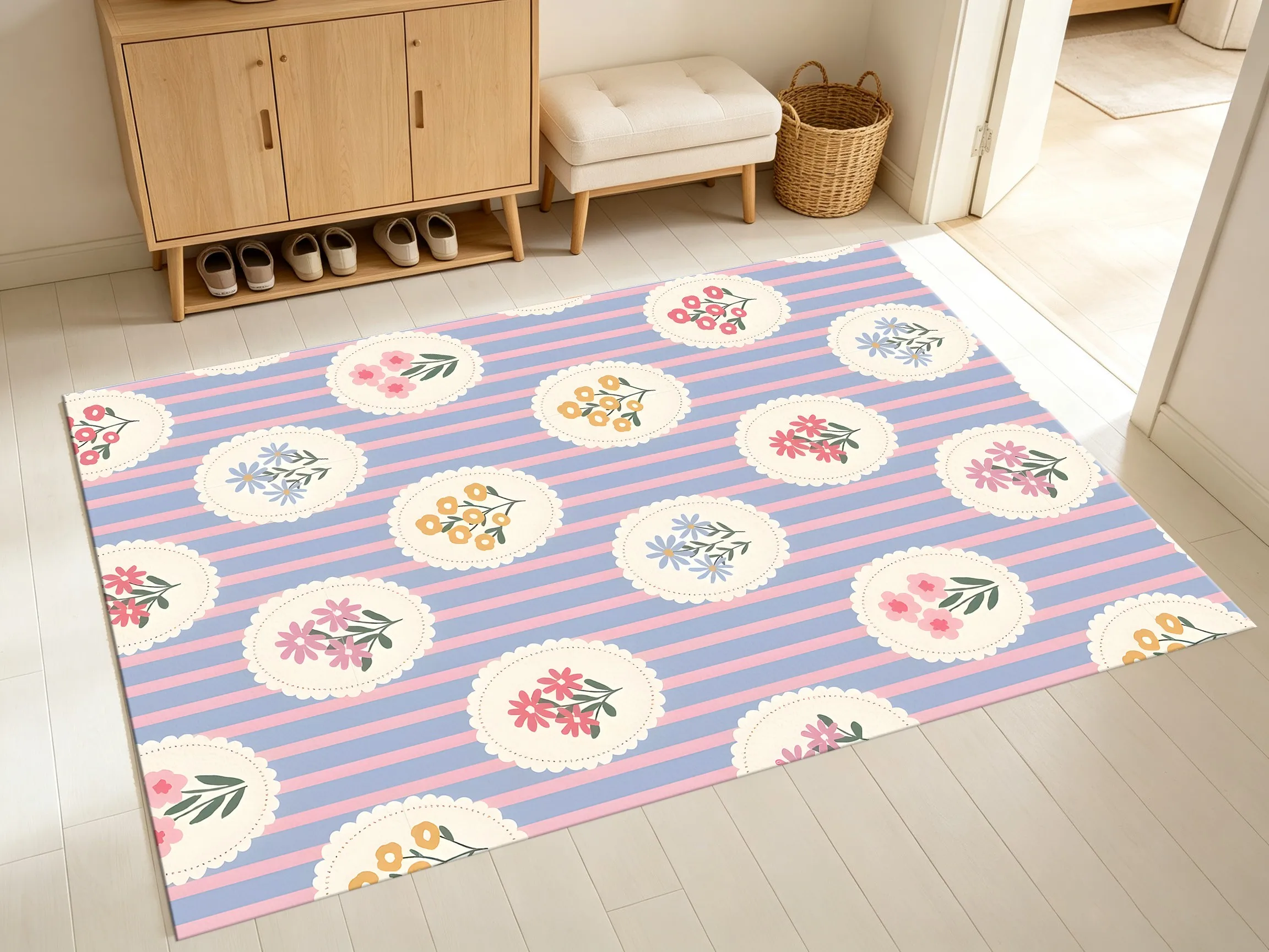 Area Rug Pink Blue Stripes Oval Frame Colorful Floral Soft Velvet for Living Room Bedroom Home Decor