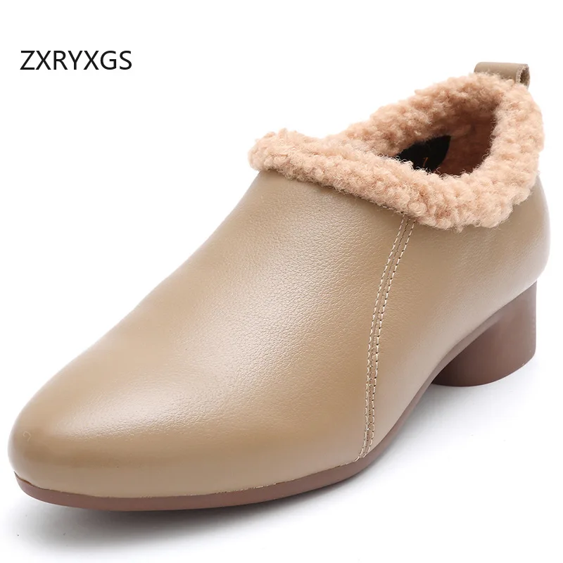 

ZXRYXGS 2025 Temperament Elegant Premium Genuine Leather Warm Mid Heels Comfort Winter Snow Shoes Women Cotton Shoes Large Size