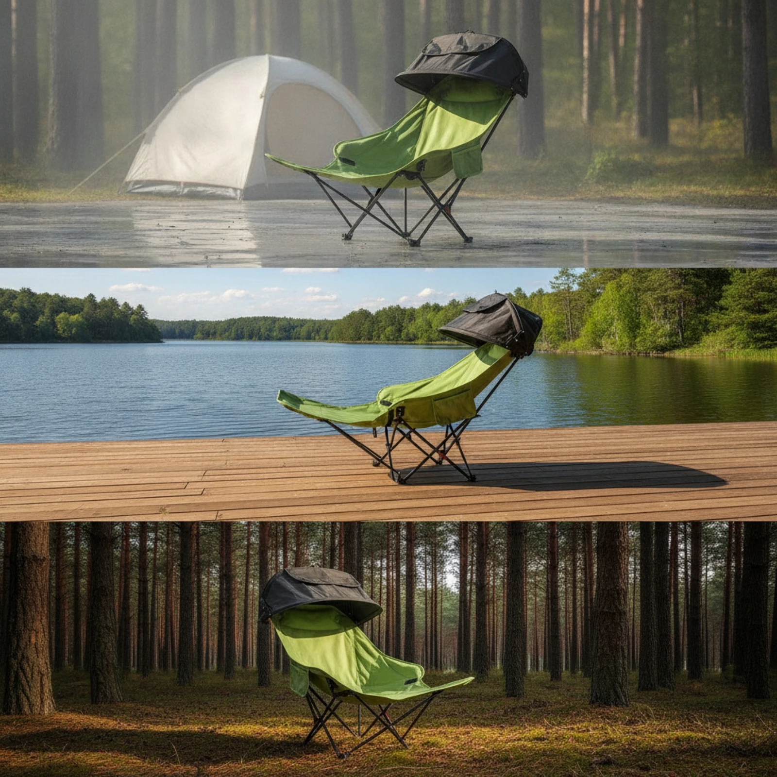 Reclining Chair with Canopy Portable Camping Lounger Beach Chair Adjustable Outdoor Lounger with Side Pocket Lightweight
