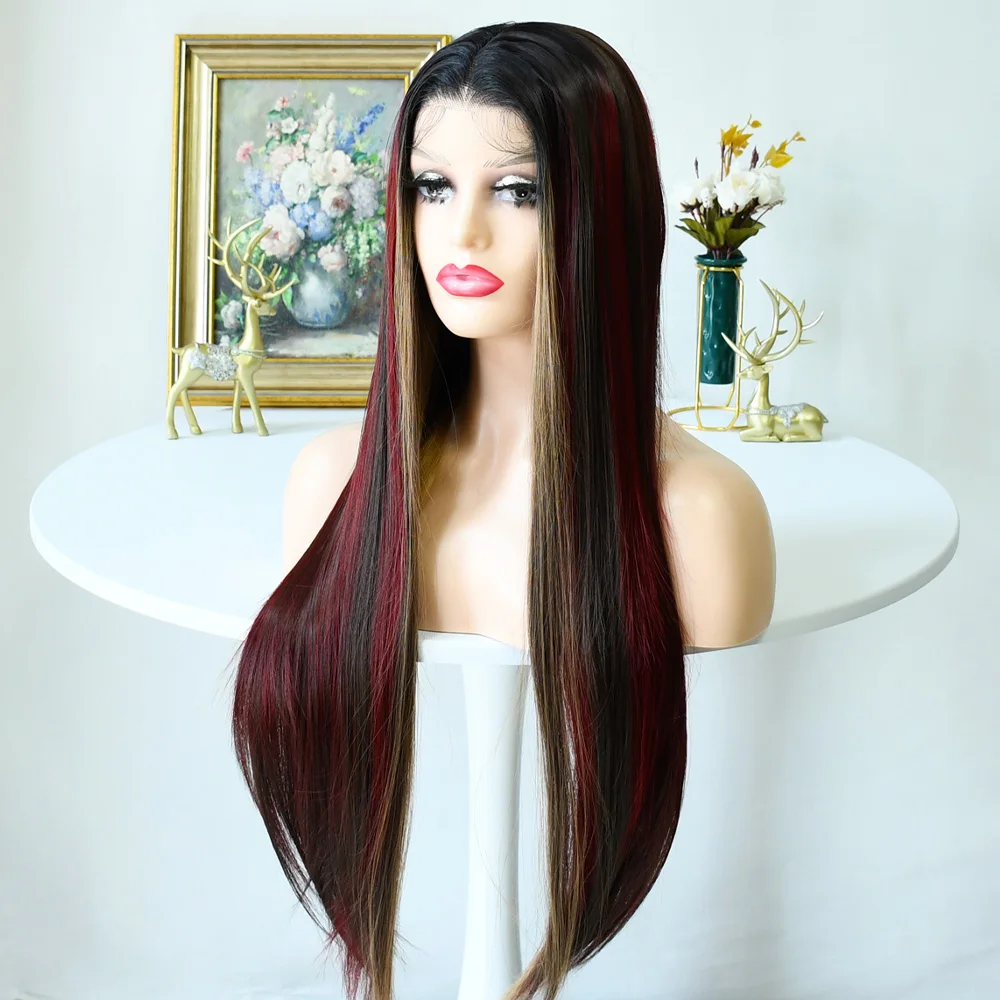 ブラックブロンドレッドウィッグ合成レースフロントウィッグストレートウィッグレッドウィッグ事前摘み取られた自然な生え際のグルーレス耐熱女性用