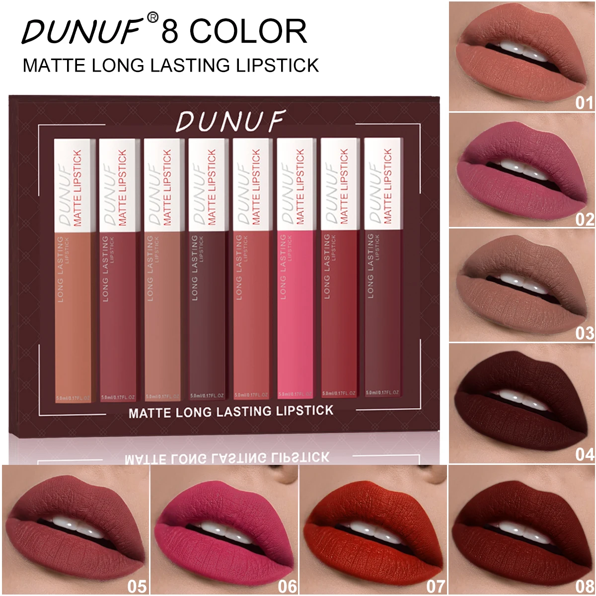 8pcs Matte Lip Gloss Set Long-Lasting Moisturizing Non-Stick Rich Pigmentation for All Skin Types Mixed Color Palette