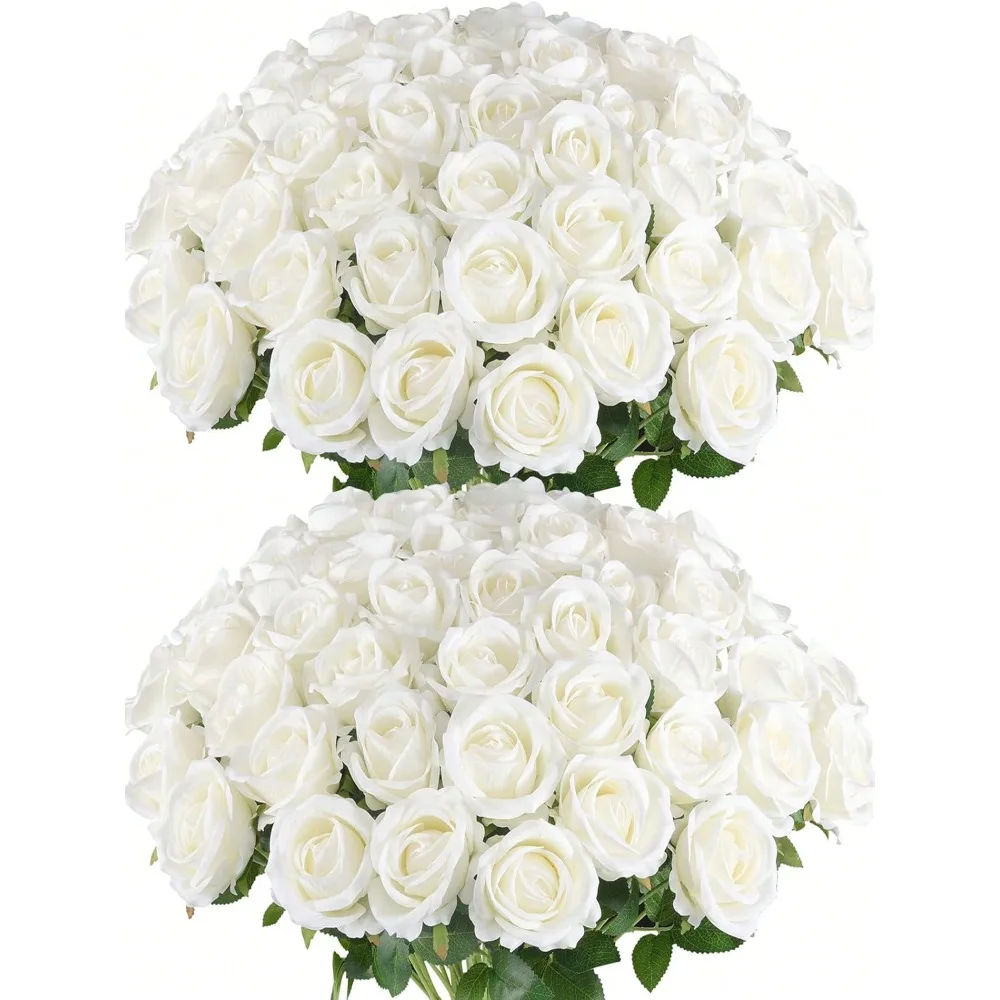 

50 Pcs Artificial Roses In Bulk, Fake Silk Roses Realistic White Roses For Wedding Centerpieces Flower Arrangement Home Decor