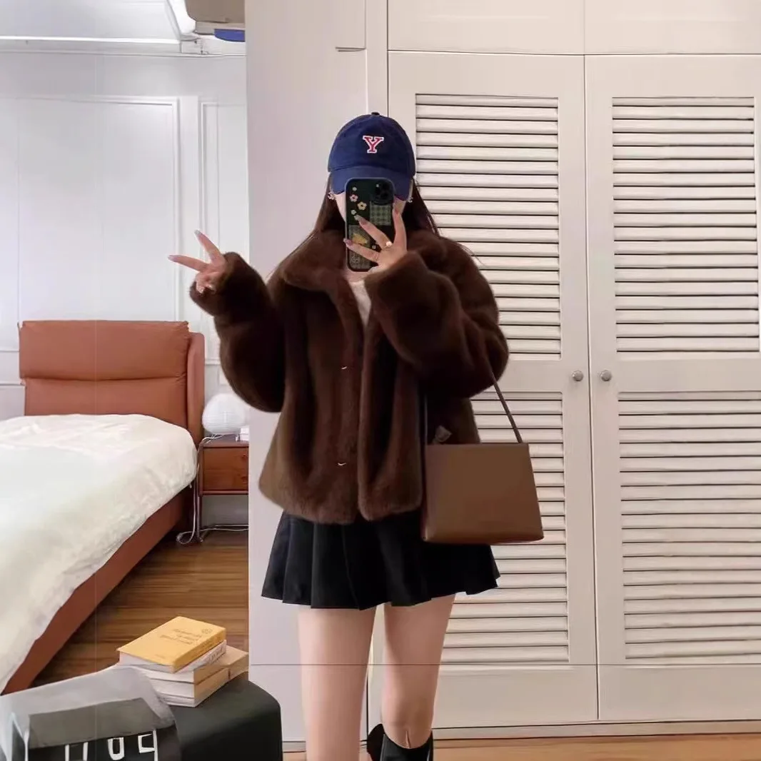 Women Faux Velvet Coat Short Jacket Solid Stand Collar Long Sleeve Single Breasted Loose Fit Thick Casual Streetwear 2025 Winter