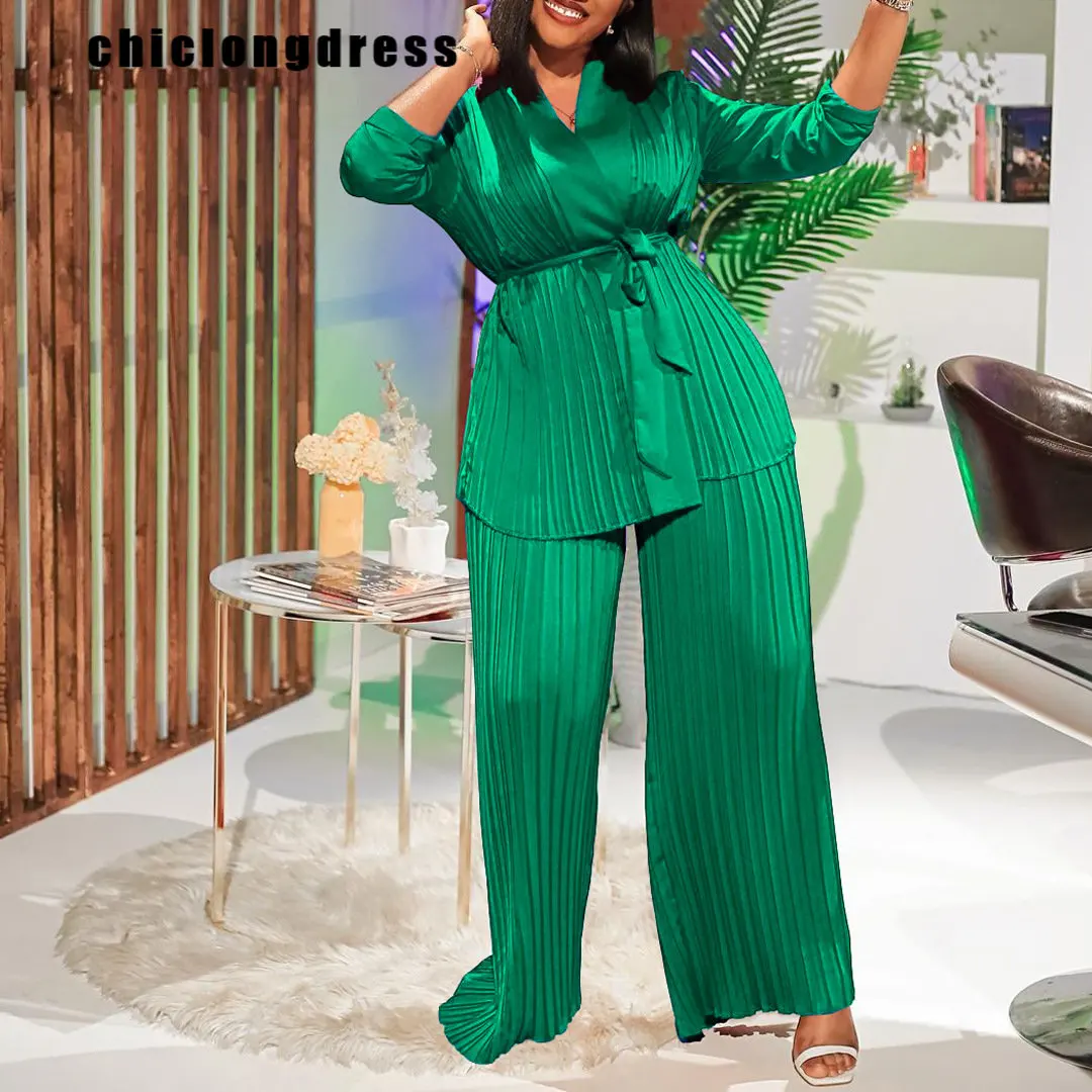 Summer Fashion Loose Pleated Two Piece Set African Women Elegant OL Lace Up Shirt Wide Leg Pants Pleated Two Piece Set Women