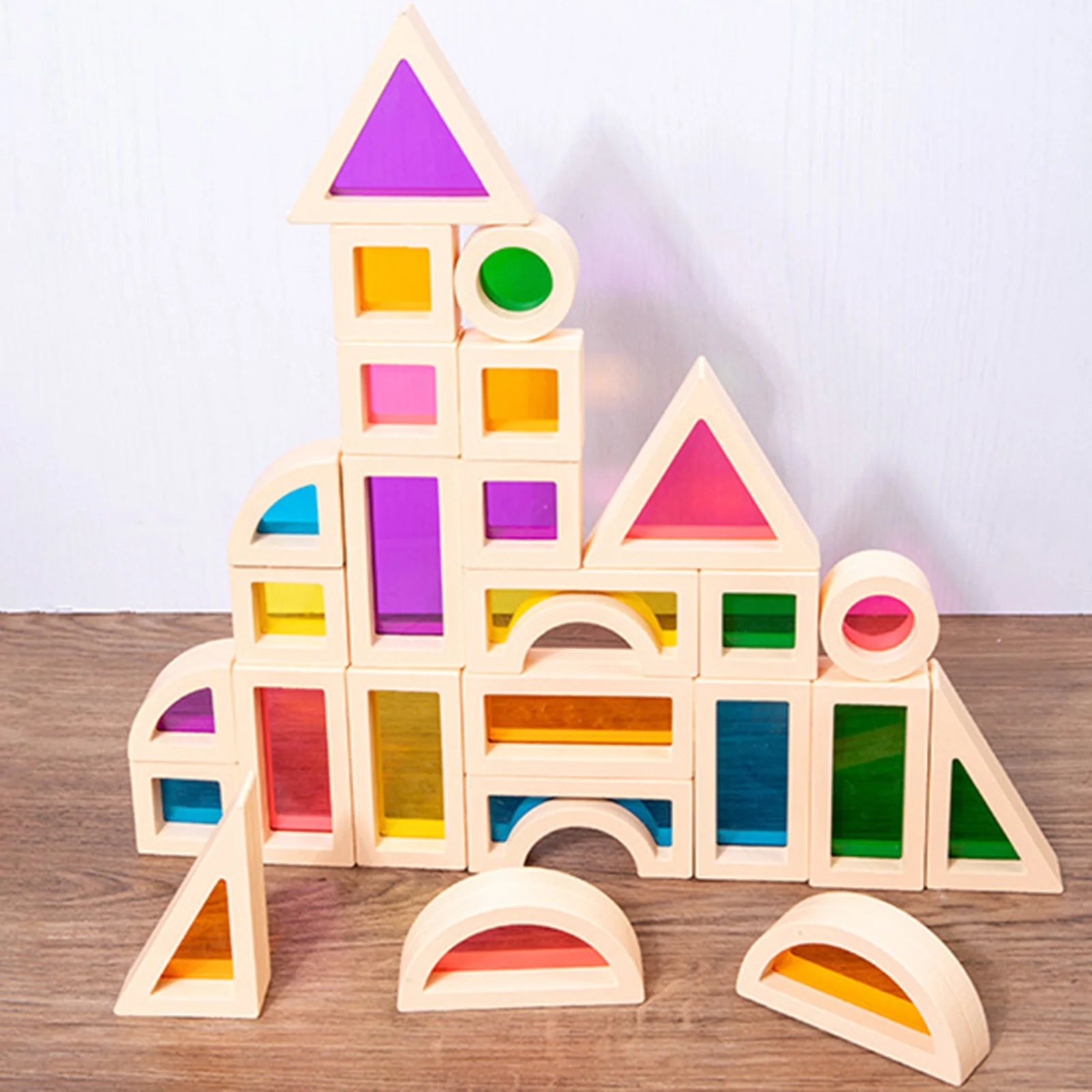 25Pcs Stacking Blocks Montessori Wooden Toy Sensory Rainbow Mirror Blocks Wood Stacking for Parent Child Game Gifts Decor