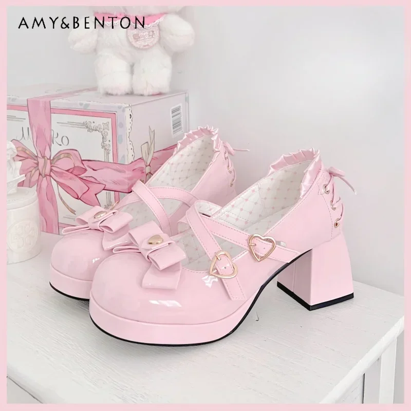 

Original Candy Girl Lolita Elegant High Heels Cute Bow Lace Cross Tie Buckle Round Toe Platform Heels Japanese JK Shoes Students