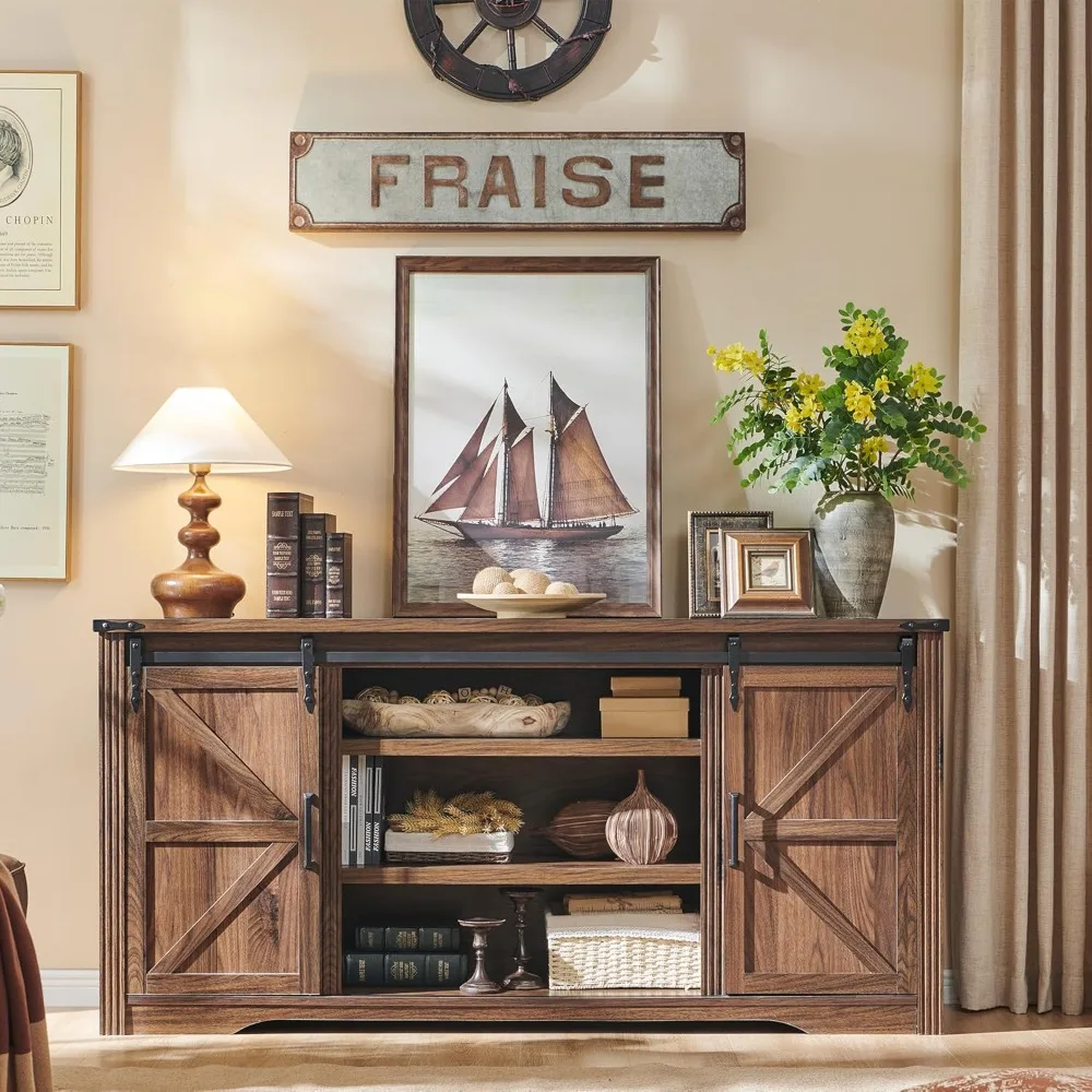 Lingmu Farmhouse TV Cabinet, Entertainment Center with 4 Drawers and Sliding Barn Door, Rustic Media Console with Storage Rack