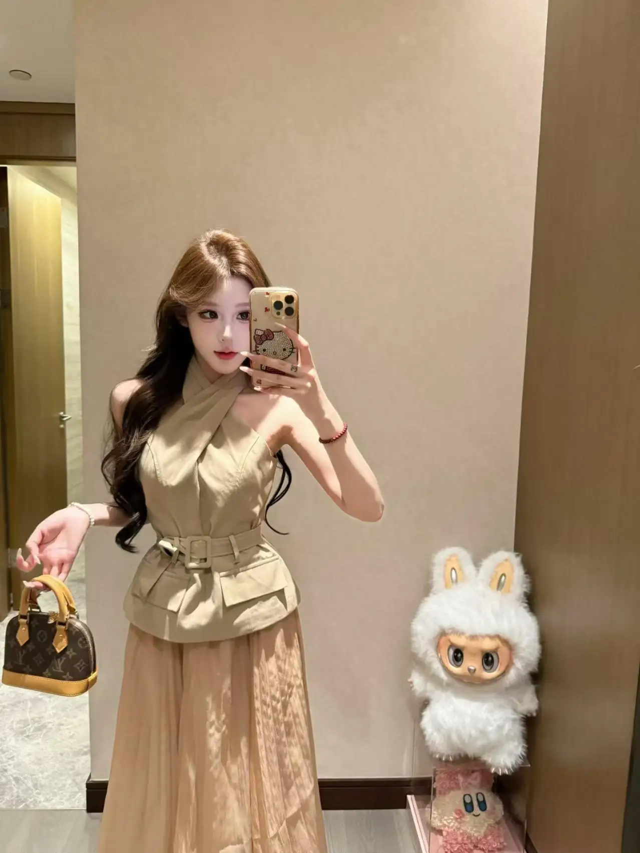 Khaki Cross Neck Vest Women Summer Slimming Belted Fake Pocket Sleeveless Sexy Slimming Top Korean Style Commute Wind