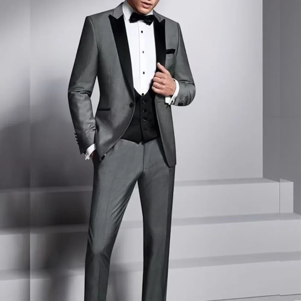 Grey New Style One Button Single Breasted Peak Lapel Luxury 3 Piece Jacket Pants Vest Wedding Outfits for Groom Formal Blazer