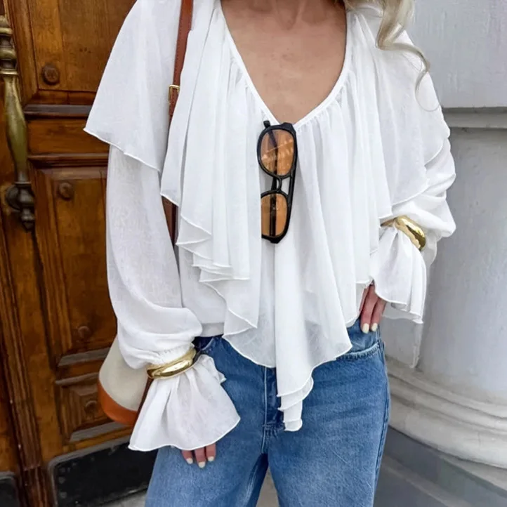 

Осенняя женская шифоновая рубашка с рюшами и глубоким v-образным вырезом, женская блузка с расклешенными рукавами, минималистичная верхняя одежда с напуском для женщин