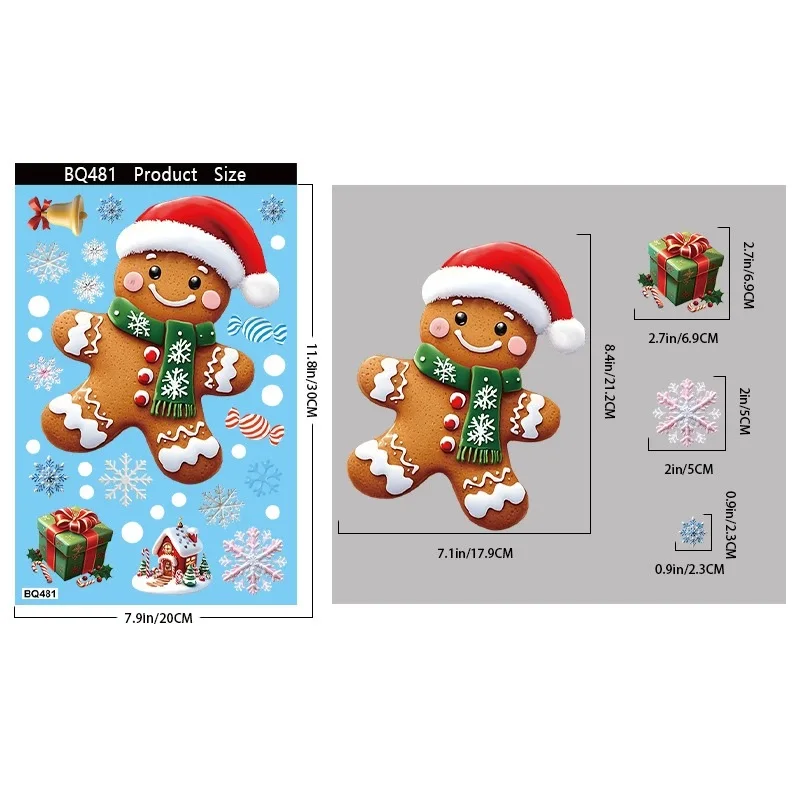 Weihnachts-Fensteraufkleber Klassischer Lebkuchenmann Schneemann Weihnachtsmann Statische Klebefolie Dekoration für Zuhause Einkaufszentrum – Detail 9