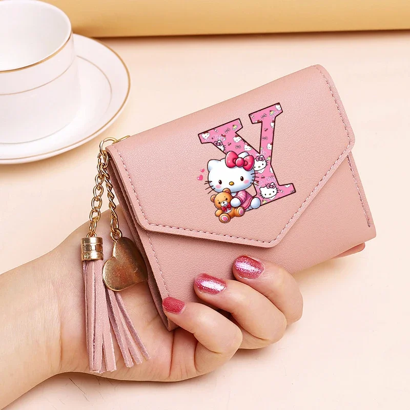 Sanrio Wallet Hello Kitty Letter Print Women Short Cute Small ID Bank Card Holder Y2K Coin Purse Ladies Pink Wallets Cartoon Bag