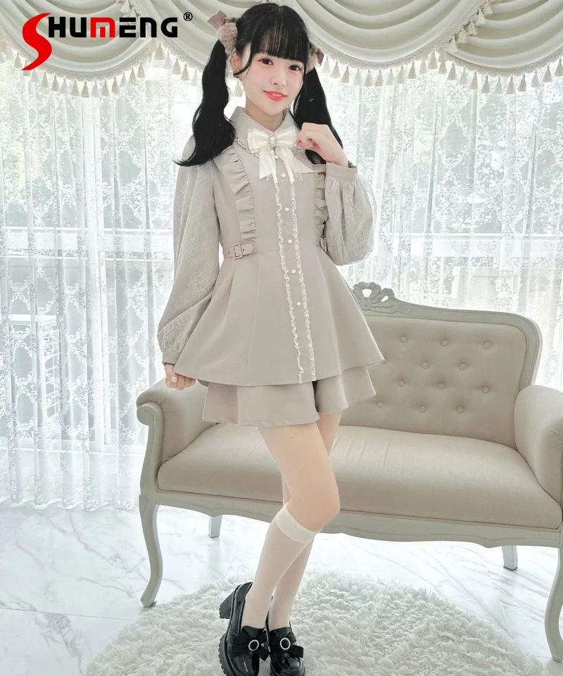 Japanese Lolita Clothing Autumn and Winter Rojita Pleated Side Buckle Color Matching Lace Mid-lrngth Top and Girl Shorts Suit