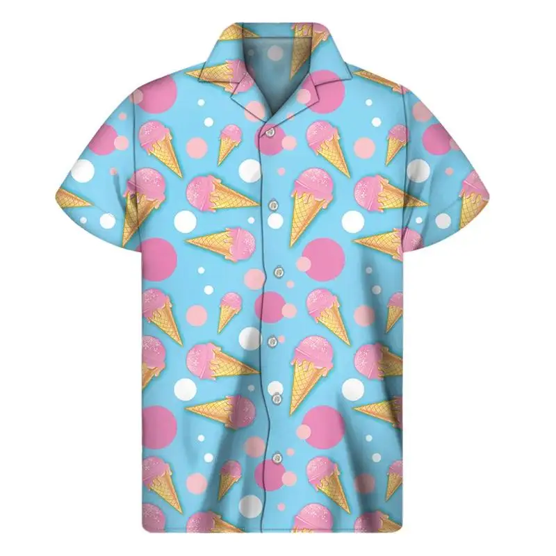 Unisex Loose Button Down Shirt Vivid Ice Cream Scoop Print Camp Collar Short Sleeve Novelty Seaside Leisure Tops