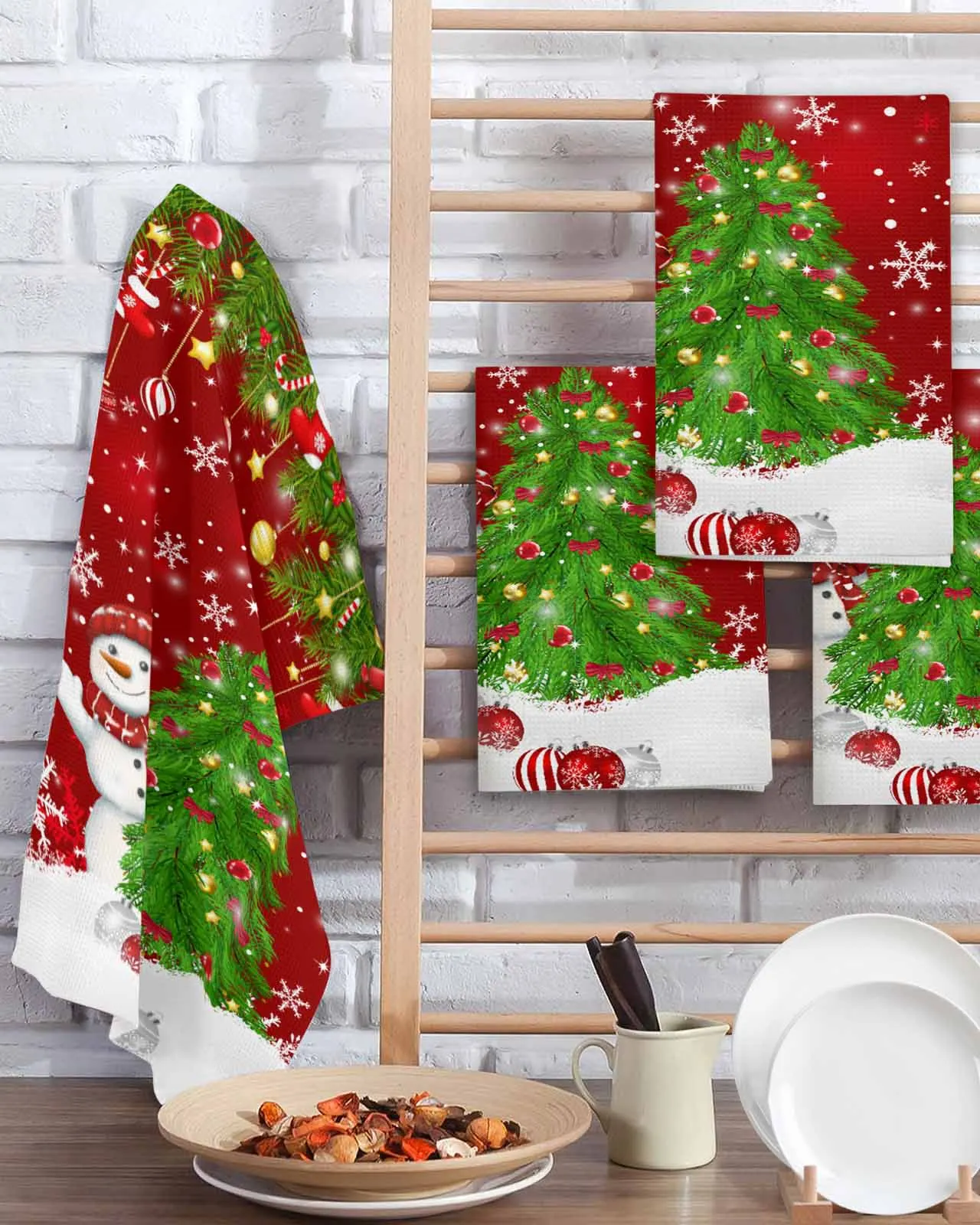 Christmas Tree Snowflake Pine Branch Snowman Candy 30*30cm Waffle Microfiber Kitchen Towel Cleaning Cloth Scouring Wiping Rag