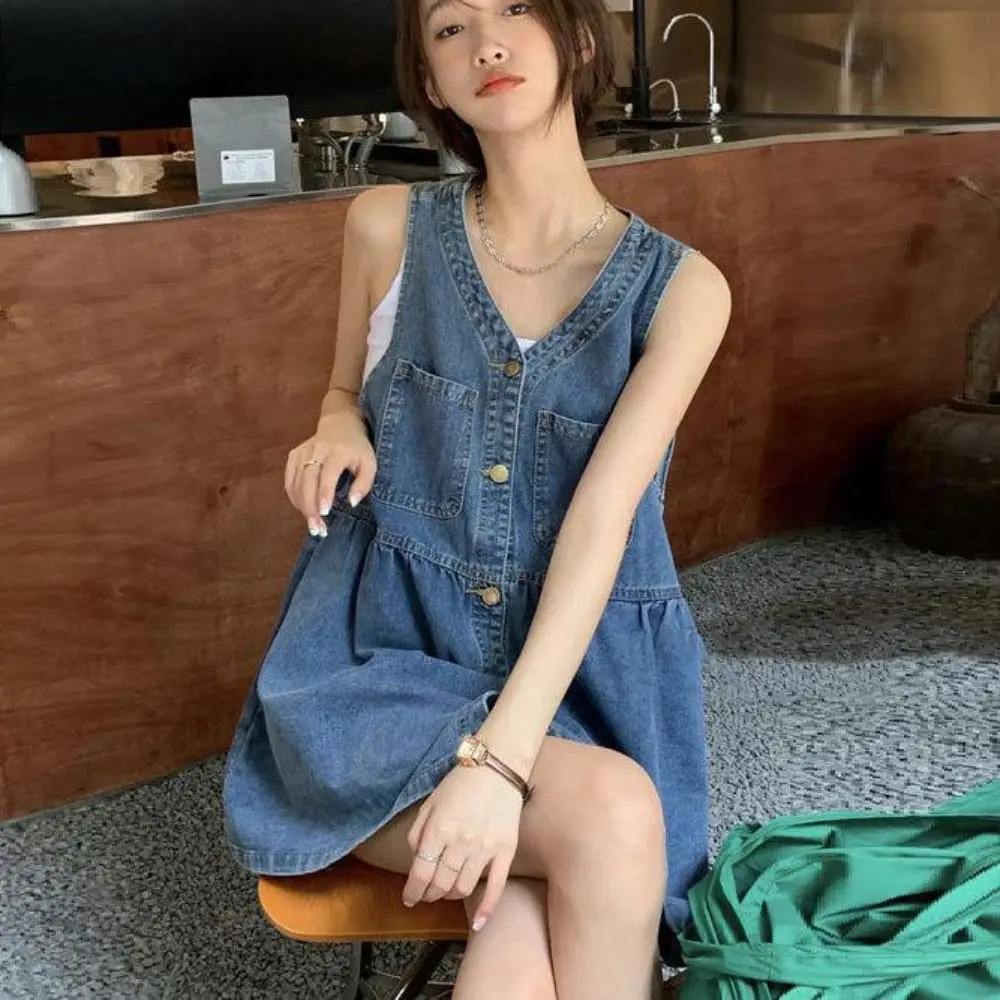 

High Waisted Cowboy Strap Dress V-neck Loose Denim Camisole Dress Pleated Single Breasted Sleeveless Short Dress Beachwear