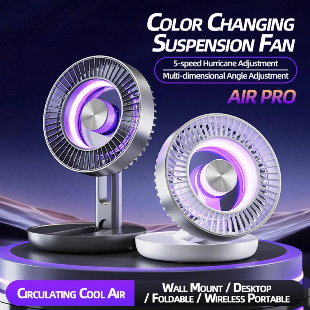 Foldable Desk Fan RGB LED Light 5 Speed Silent Type C Rechargeable Portable Cooling Fan for Gaming Bedroom Kitchen Camping Decor