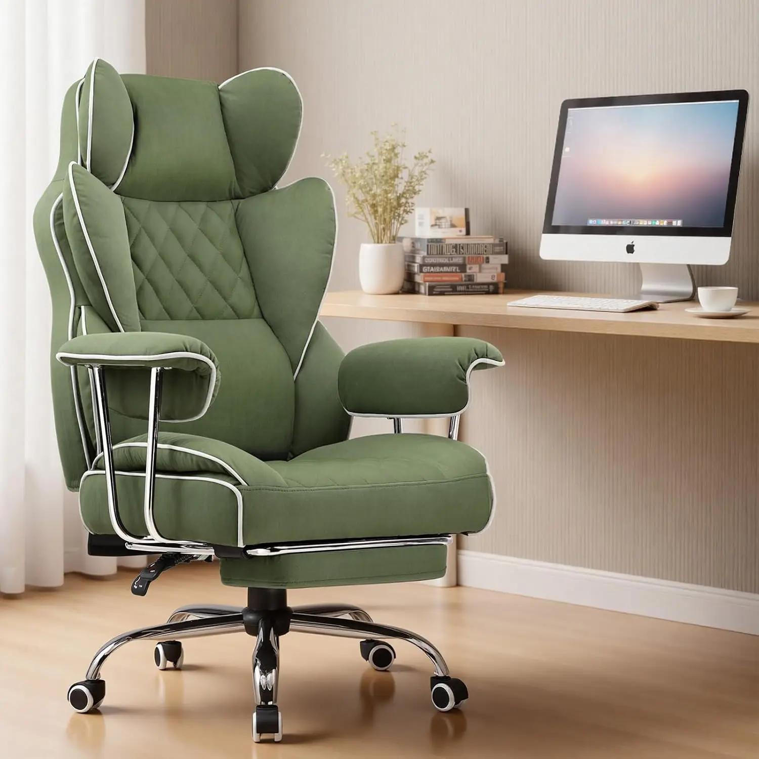 Ergonomic Gaming Chair with Pocket Spring Lumbar Support, Footrest, Fixed Soft Armrests, High Back, Green, Customized