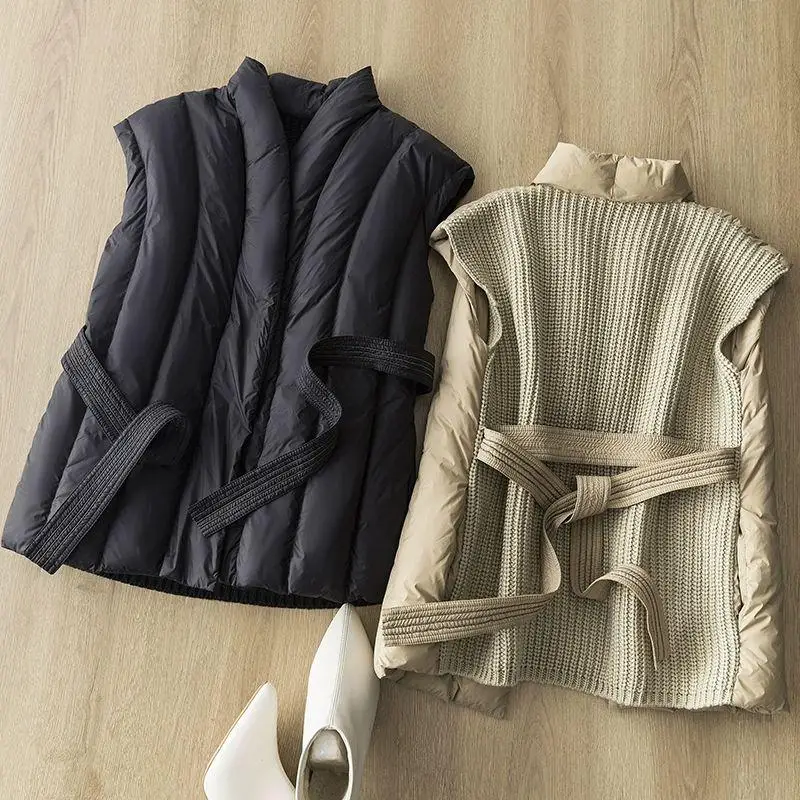 

White Du down Vest Women's V-ne Faionable Waist-cinching Belted Light Maturi Sle Autumn Winter Korean System
