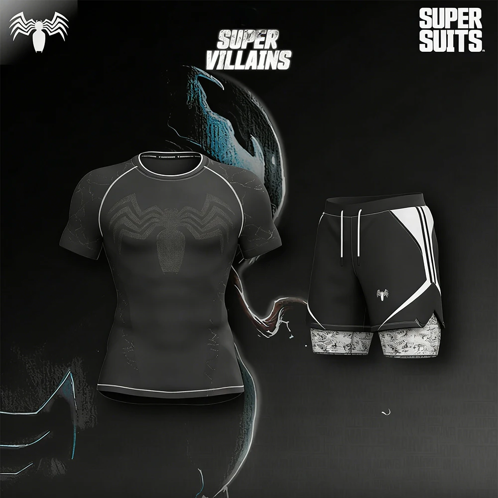 

Super Villain Hero Venom T-Shirt Set Summer New Men's Tight Fitness Set Breathable Speed Drying Running MMA Fighting Set