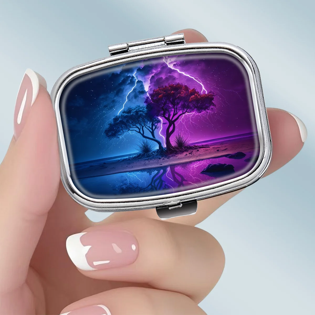 1PC Purple Electric Tree Healing Fantasy Theme Pattern Square 2-Compartment Pill Box - Portable Medicine and Vitamin Storage Box, suitable for hand-carrying or travel use, unique small gift, wallet pill box