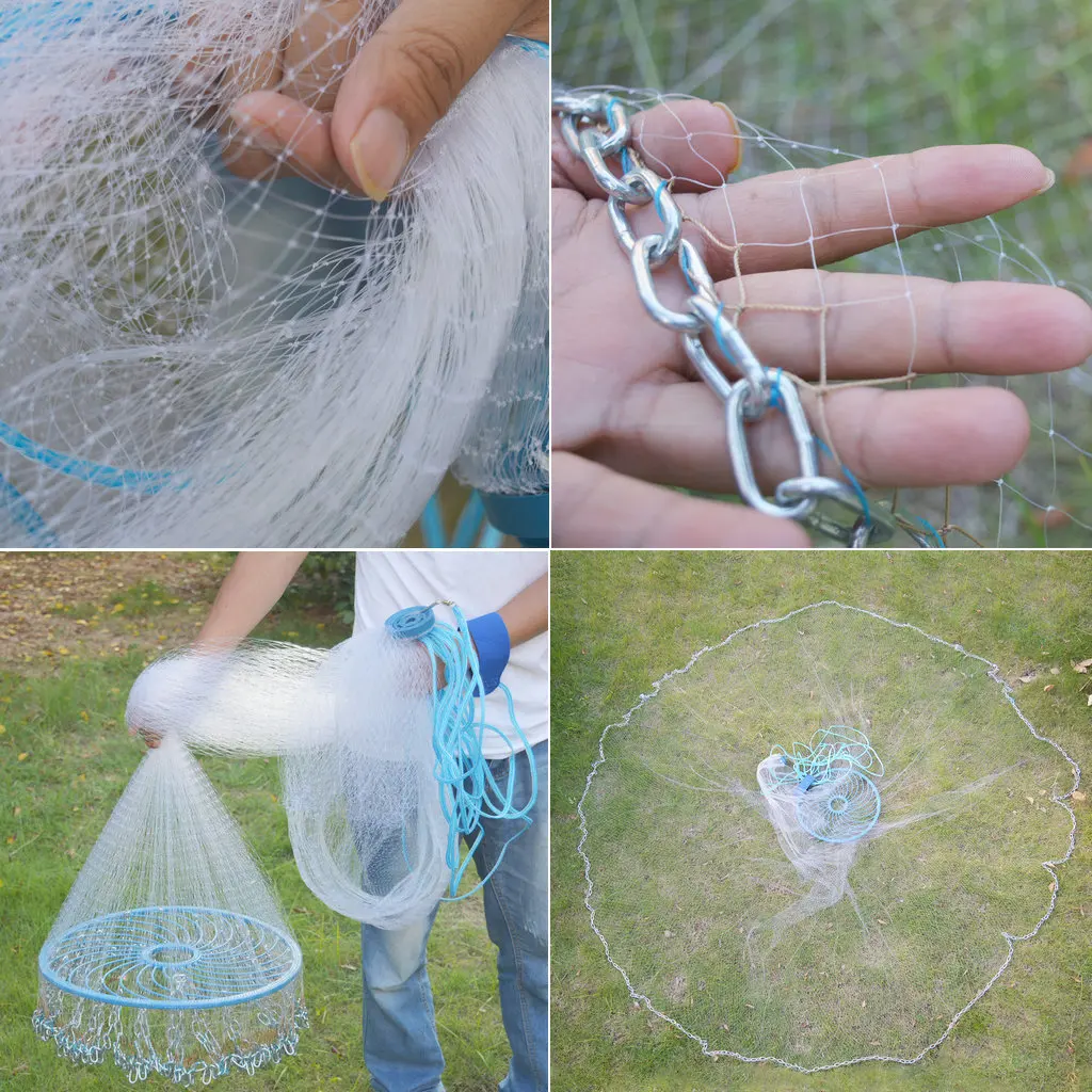 Upgraded American Hand Cast Net with Flying Disc Easy Throw Fly Fishing Net Diameter 420cm-720cm Fishing Network Tool Small Mesh