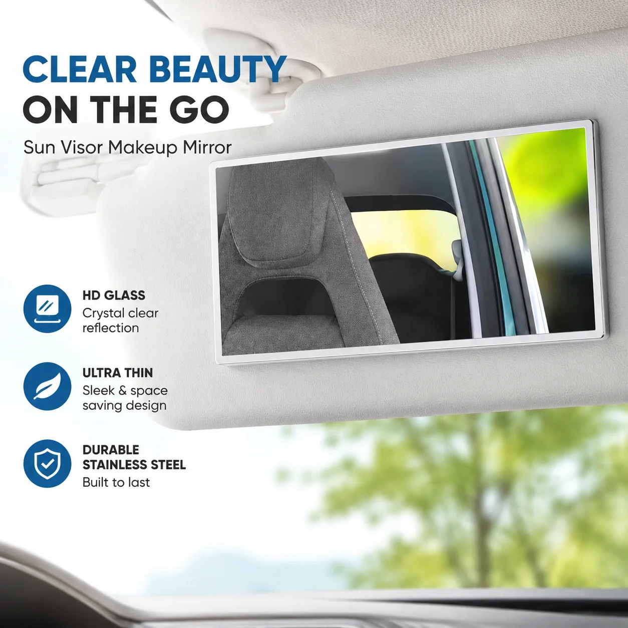 Car Sun Visor Makeup Mirror Clip-on Ultra Thin Stainless Steel Cosmetic Vanity Mirror for Passenger Sunshade