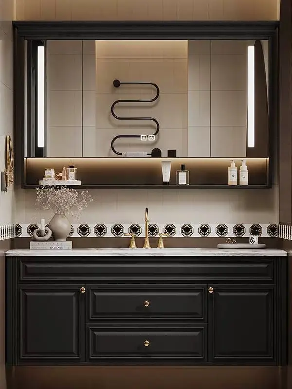 Bathroom Vanity,French Retro Oak Lacquered Cabinet with Rock Slab,Curved Integrated Basin Washstand,Black Wall Mounted