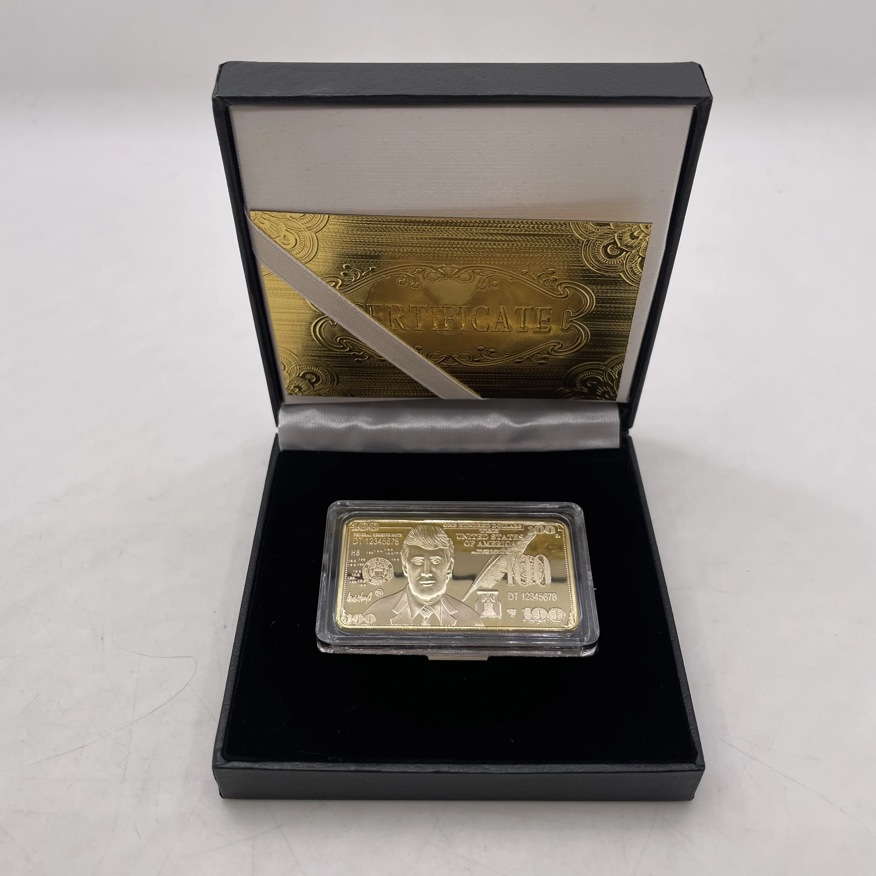 Medal Official Trump Gold Bar Challenge Coin with Signature and Unique Number Collectibles Gold relief Commemorative coin Box