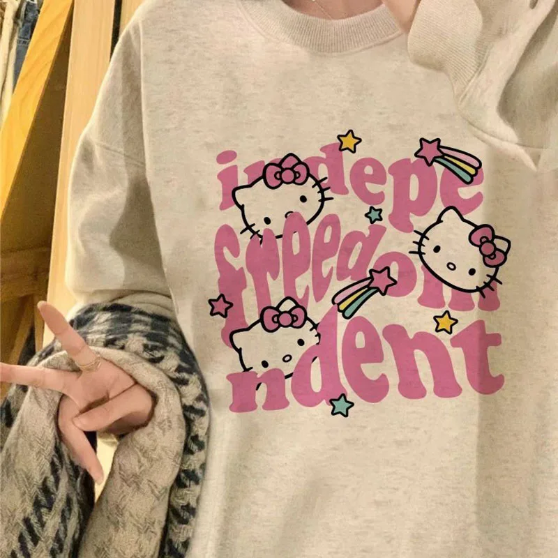 Sanrio Hello Kitty Women Autumn Hoodies Y2k Pullovers Cotton Pullovers Casual Oversized Coat Sweatshirt Long-sleeved T-shirt