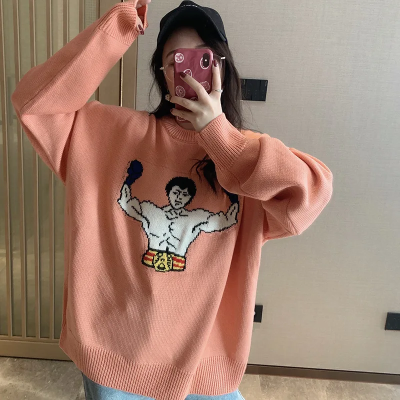 Autumn New Women's Clothing Tops Personalized Temperament Orange Pink Sweet Casual Strongman Cartoon Jacquard Sweater For Women