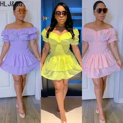 HLJ&GG Fashion Streetwear Women Off Shoulder Short Sleeve Ruffle Design Mini Dresses Summer Female Solid Ruched Slim Vestidos