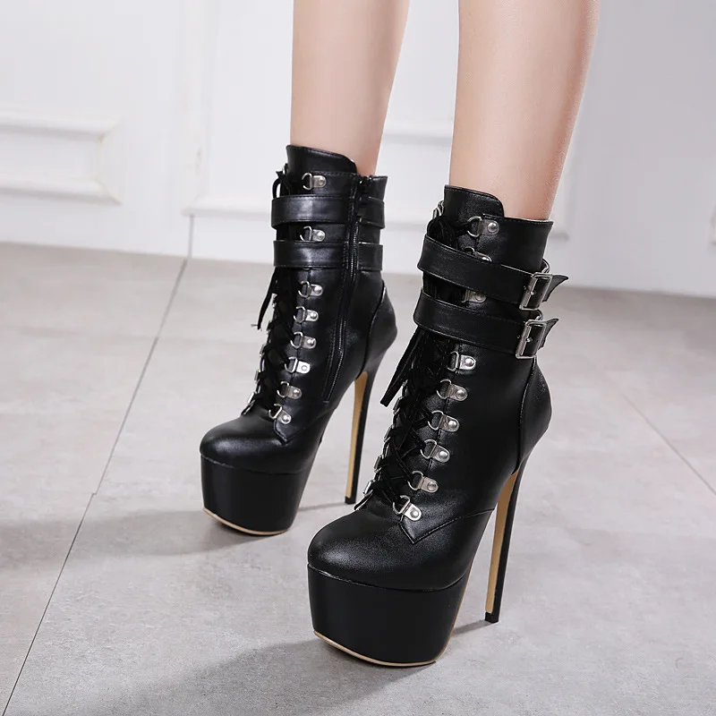 Women's Fall New Ankle Boots Sexy High Heels Platform Thick Black Leather Ankle Boots Black Shoes Ladies Stiletto 2022