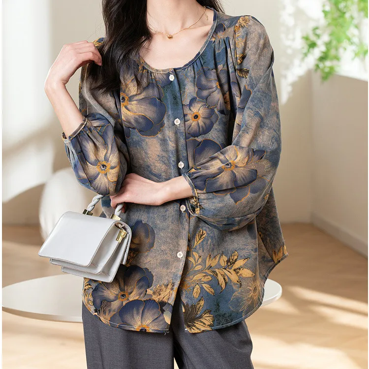

Блузка с круглым вырезом и длинными рукавами с цветочным принтом, женская повседневная свободная рубашка для путешествий и отдыха, топы