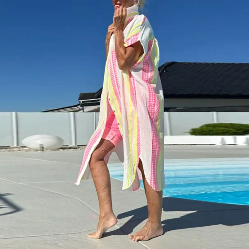 Robe longue décontractée pour femmes, tenue de plage, fente unie, simple boutonnage, chemise à revers, manches courtes, ample, printemps, été