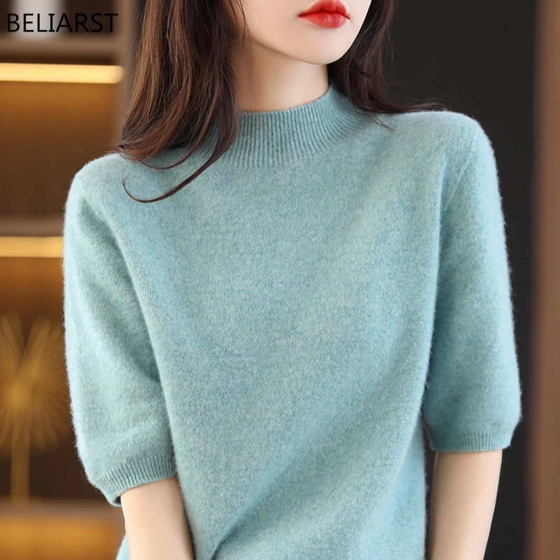 Women\'s T-shirt 100% Wool Sweater Women\'s Half High Neck Knitted Pullover 5/4 Sleeve Tops Solid Color fFashion Casual