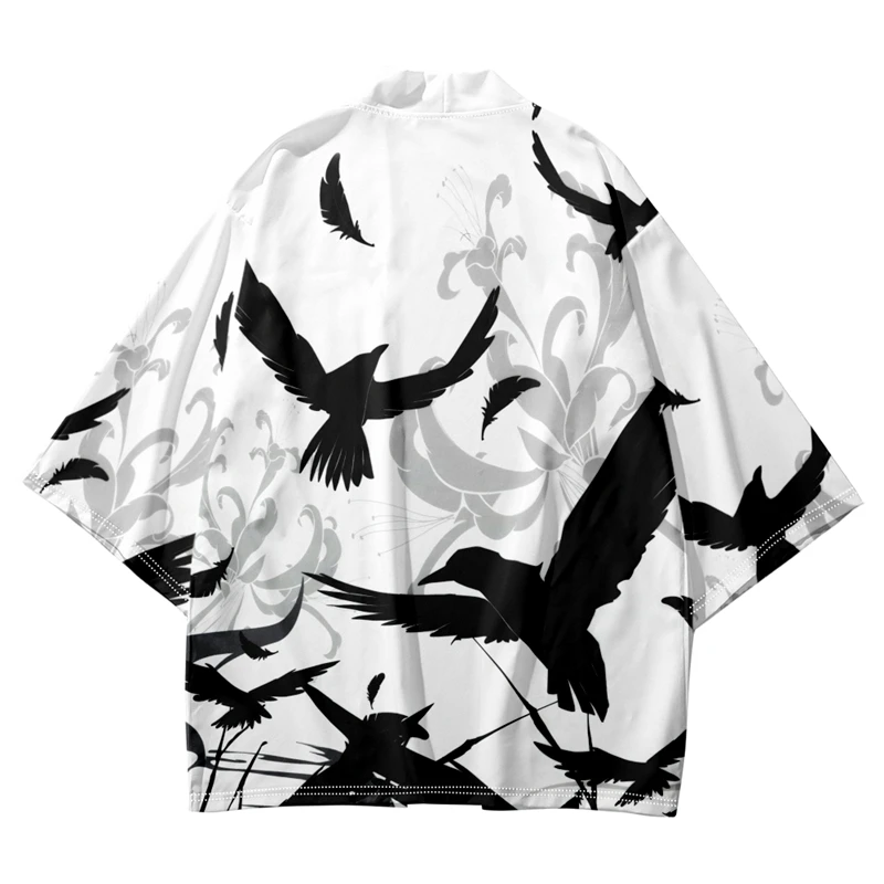 

Fashion Crow Print Cardigan Haori Beach Yukata Traditional Kimono Japanese Streetwear Women Men Shirts Samurai Tops