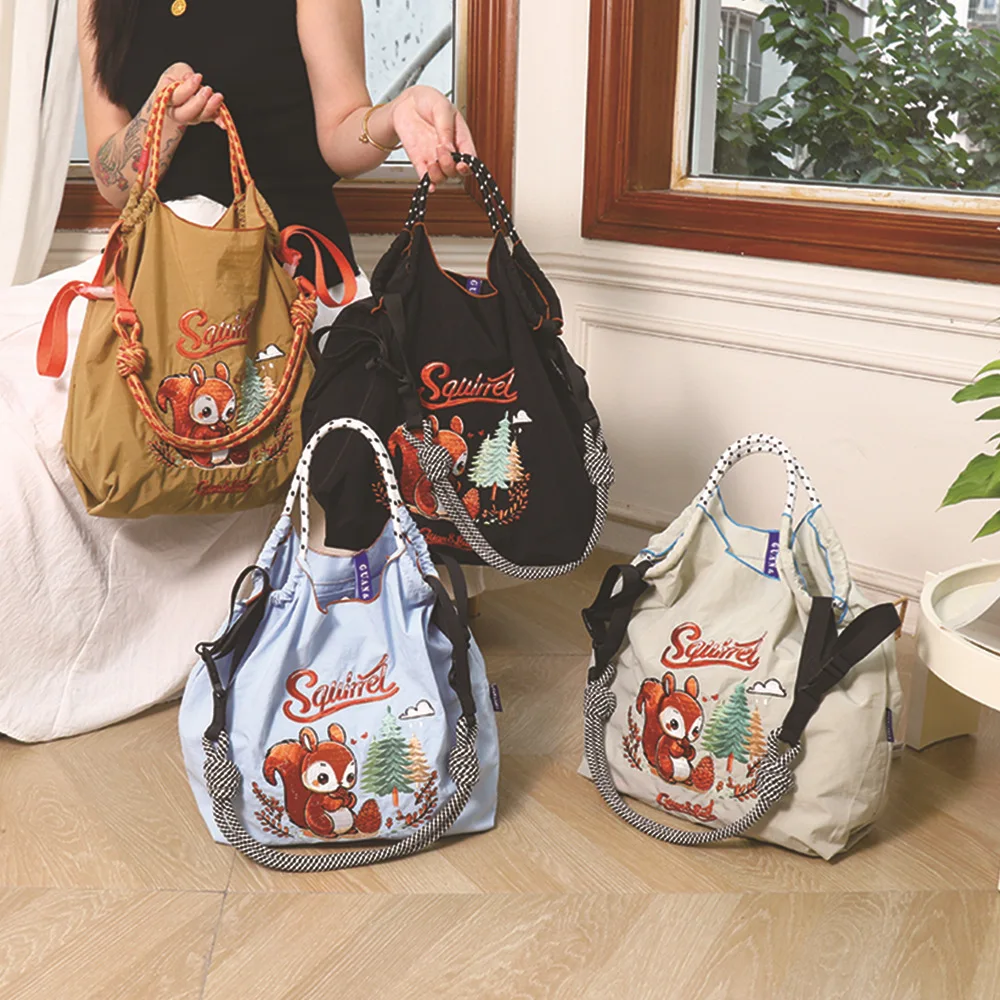 Miniso 2024 Summer New Japanese Nylon Embroidered Bag Fashion Everything with Small Large Capacity Single Shoulder Shopping Bag