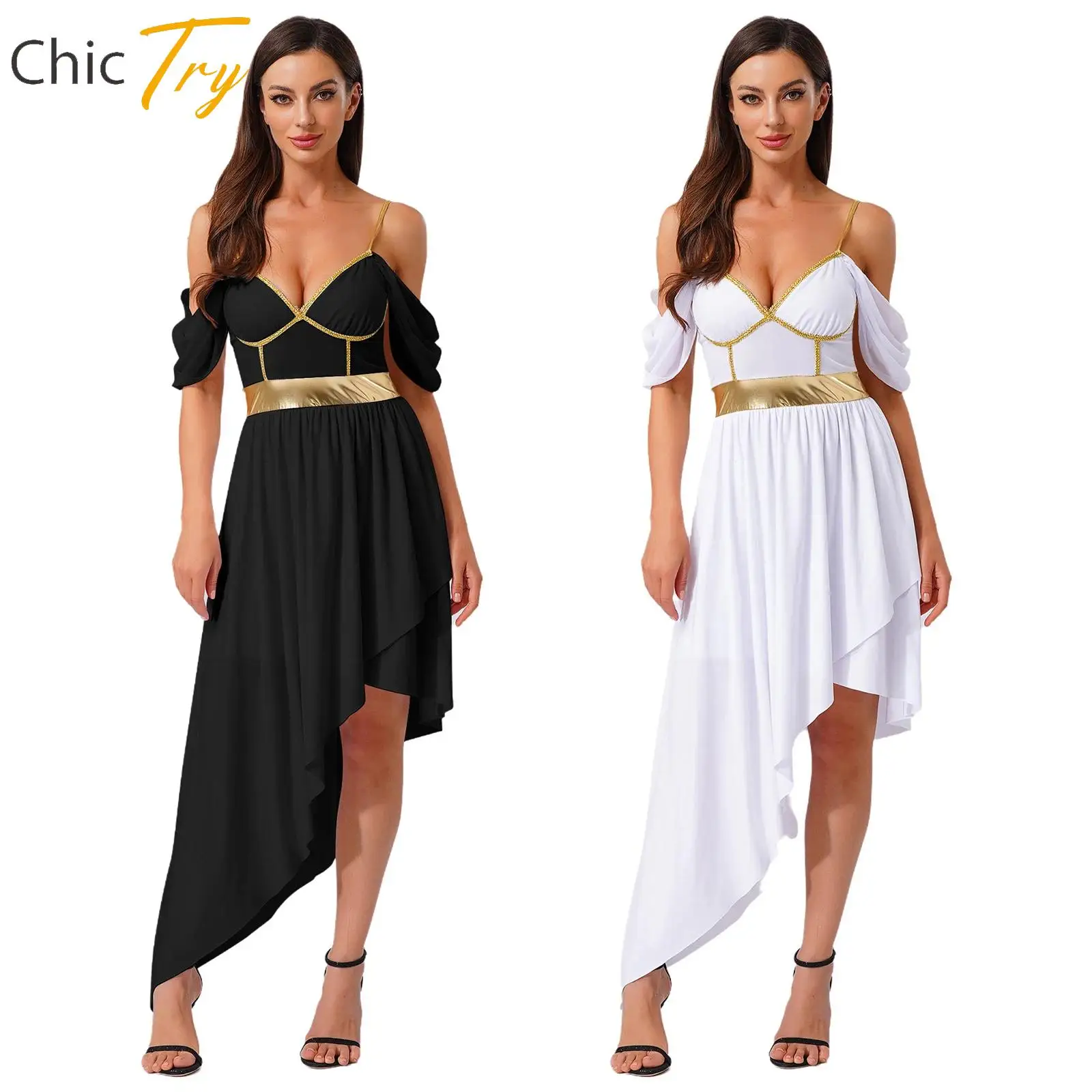 

Womens Ancient Greek Roman Queen Dress Metallic Shiny Off Shoulder Asymmetrical Hem Sling Dress Halloween Cosplay Party Costumes